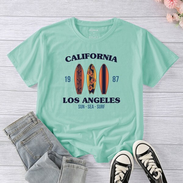 

Surfboard And Letter Graphic Short Sleeve Tee, Mint green