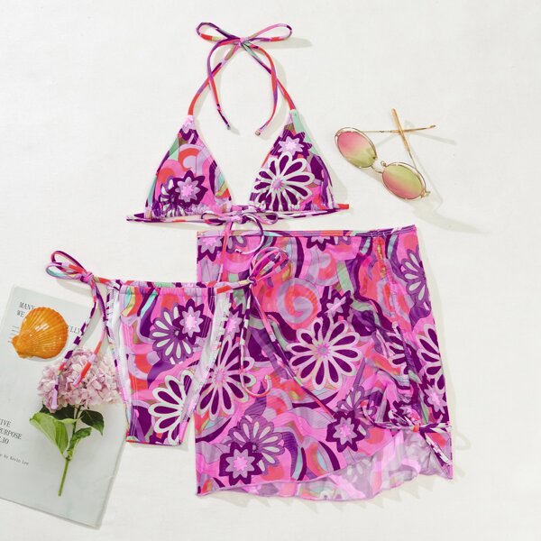 

3pack Floral Halter Bikini Swimsuit & Beach Skirt, Multicolor
