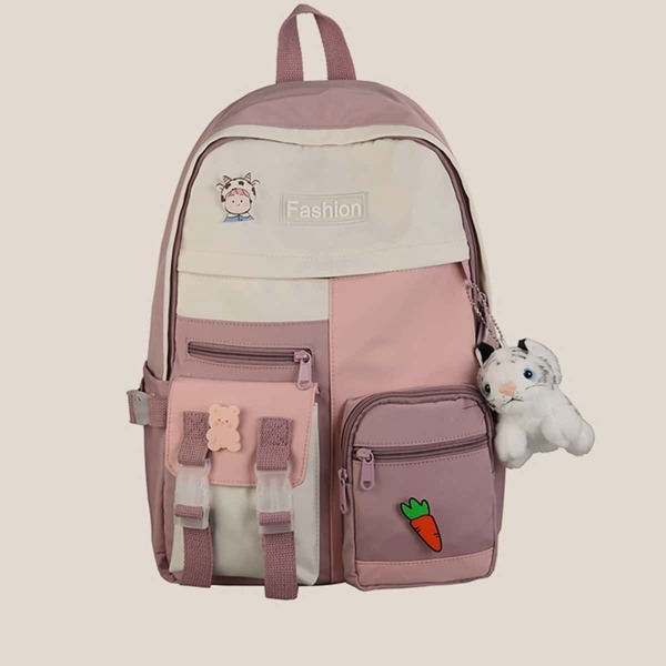 

Buckle Decor Functional Backpack With Bag Charm, Multicolor