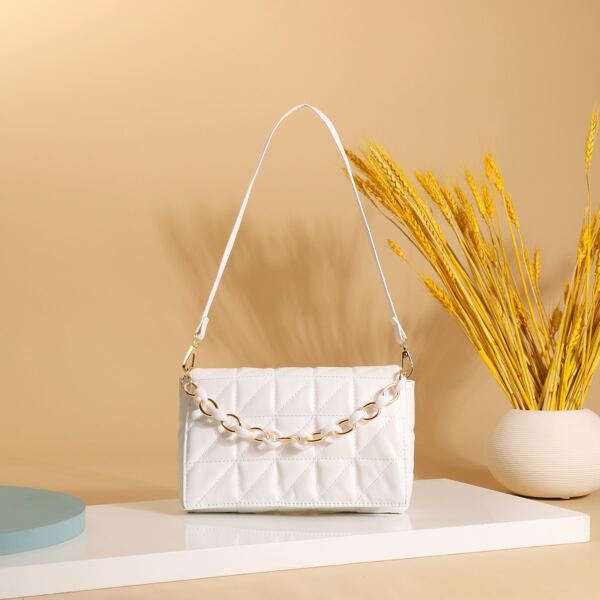 

Quilted Chain Decor Shoulder Bag, White