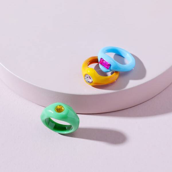 

3pcs Rhinestone Decor Ring, Multicolor