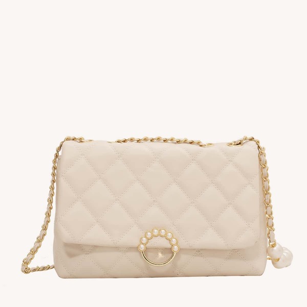 

Faux Pearl Decor Quilted Chain Shoulder Bag, Beige