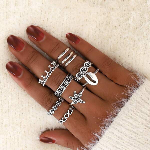 

10pcs Flower Decor Ring, Silver