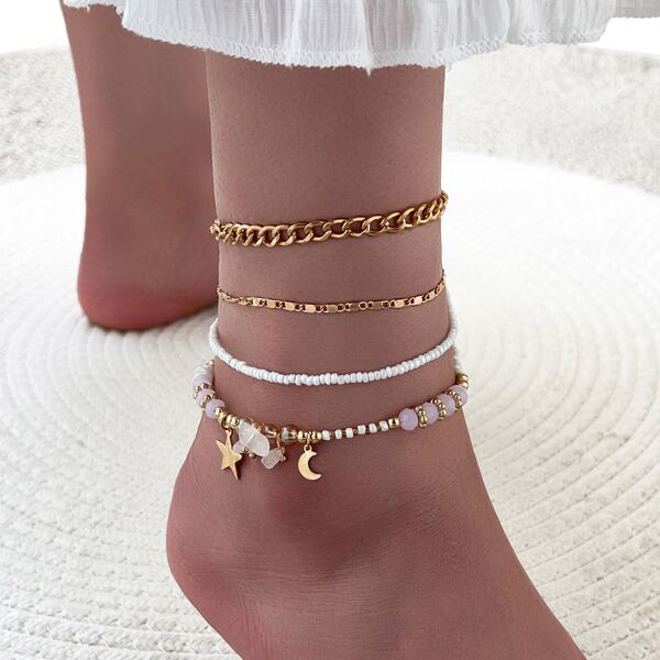

4pcs Star Charm Anklet, Gold