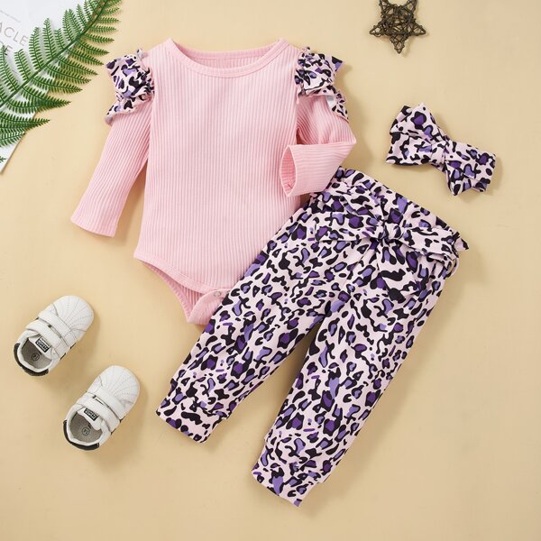 

Baby Girl Leopard Ruffle Tee Bodysuit & Sweatpants & Headband, Multicolor