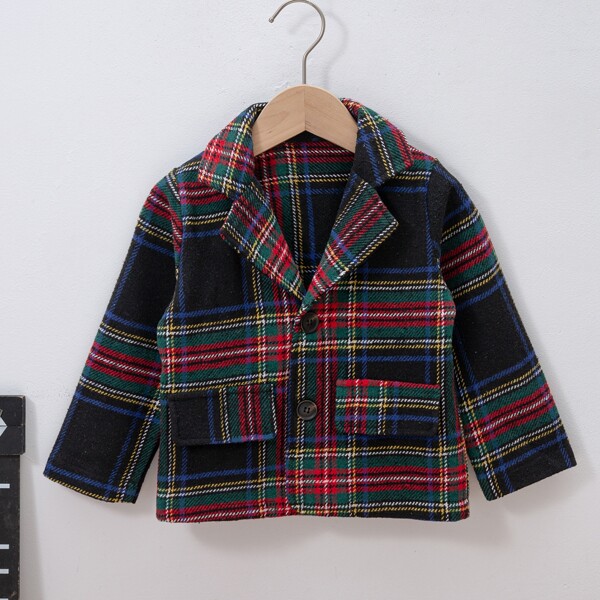 

Toddler Boys Plaid Flap Detail Wool-mix Coat, Multicolor