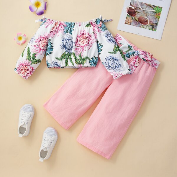 

Toddler Girls Floral Print Off Shoulder Top & Belted Pants, Multicolor