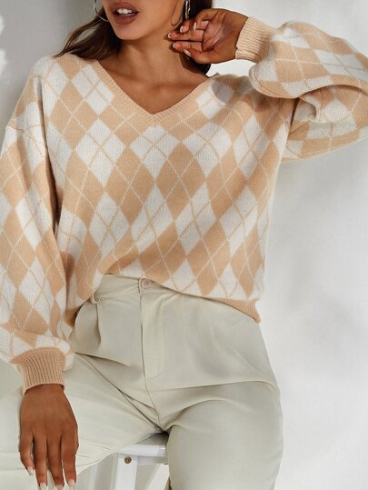drop shoulder argyle sweater shein
