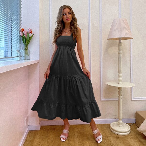 

Shirred Bodice Flounce Hem Cami Dress, Black