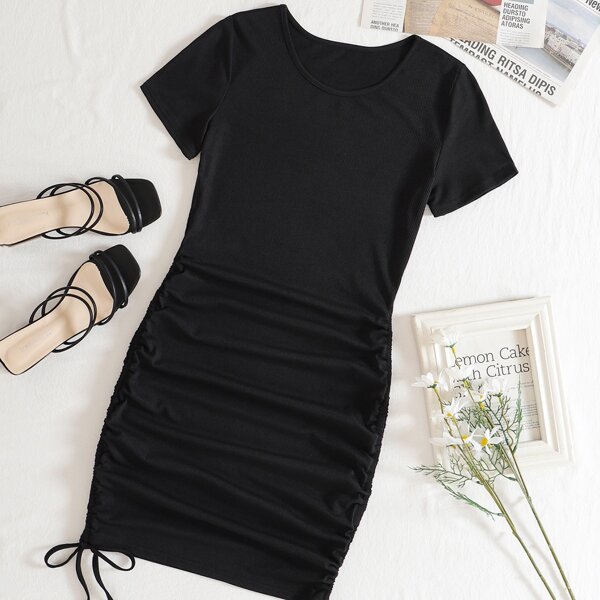 

Solid Drawstring Side Skinny Dress, Black