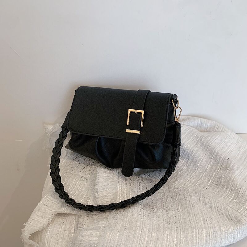 Buckle Decor Ruched Design Shoulder Bag, Black