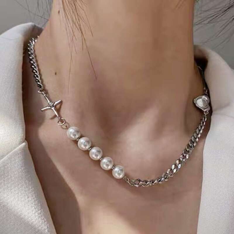 

Faux Pearl Chain Necklace, Silver