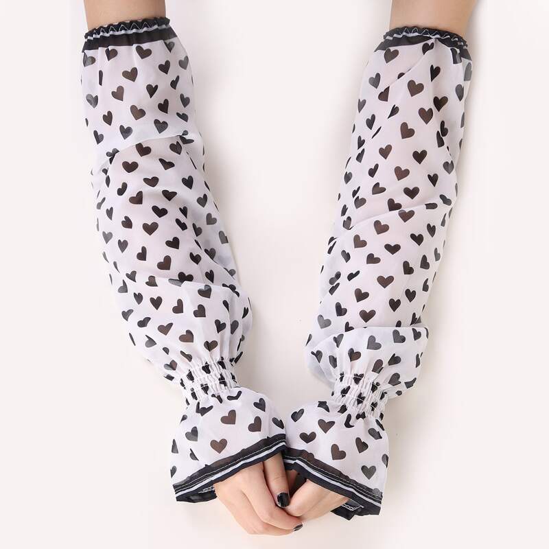 

Heart Pattern Fingerless Long Gloves, Black and white