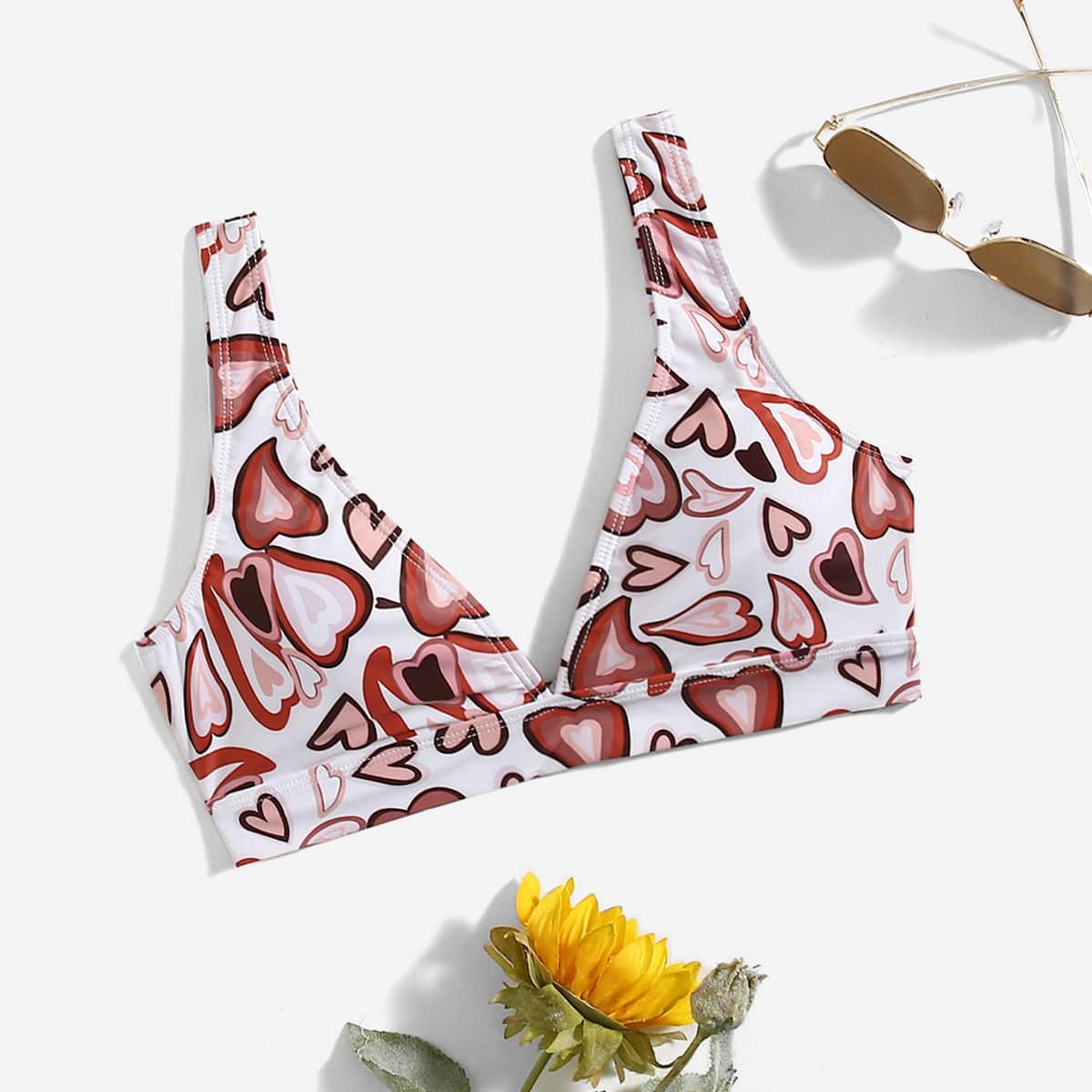 

Heart Pattern V Neck Bikini Top, Multicolor