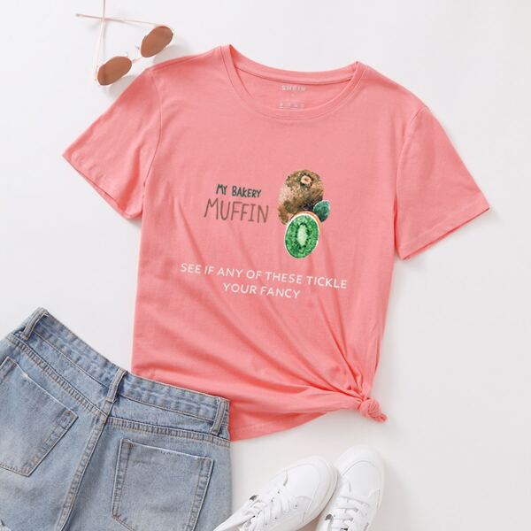 

Kiwi & Slogan Graphic Tee, Watermelon pink