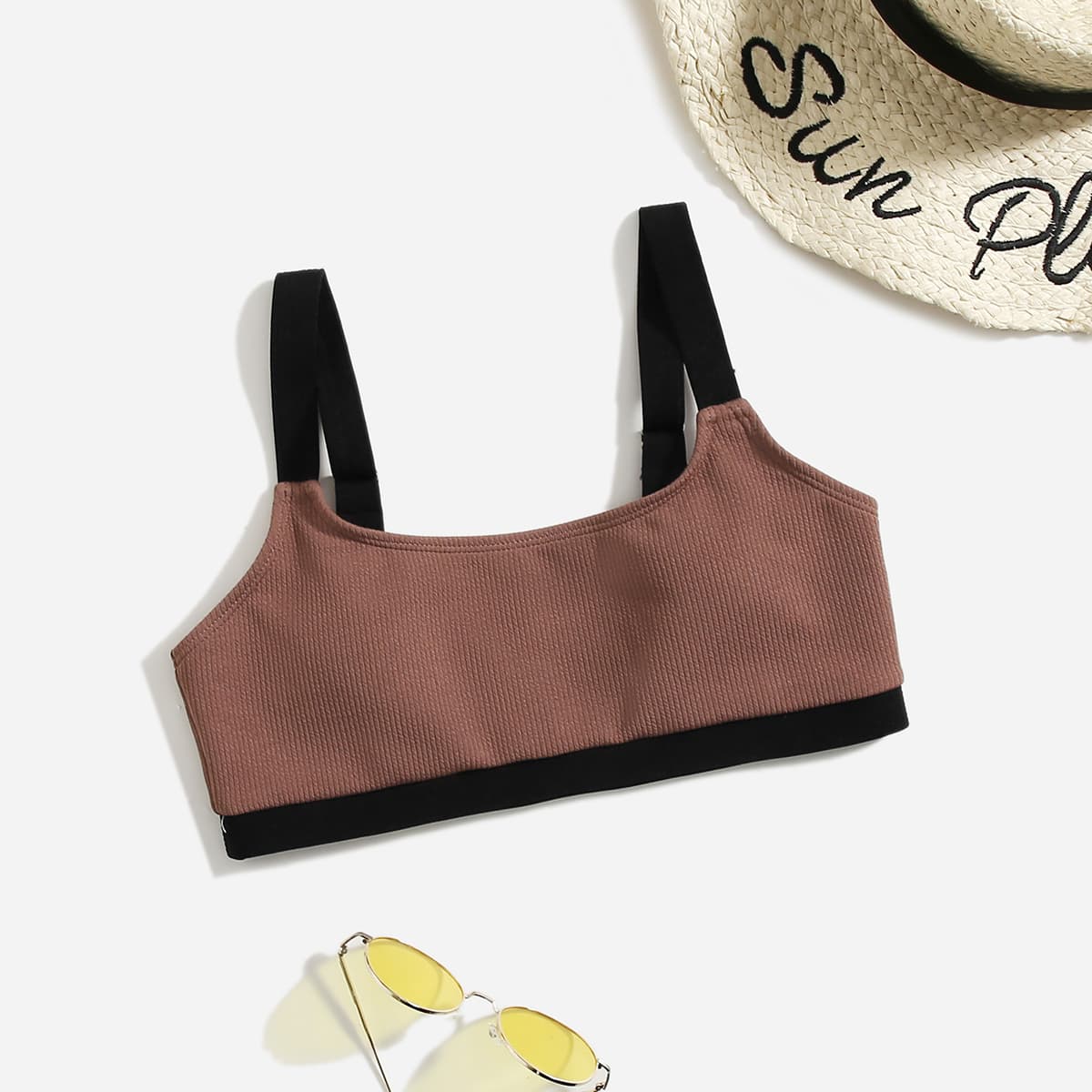 

Two Tone Rib Bikini Top, Brown