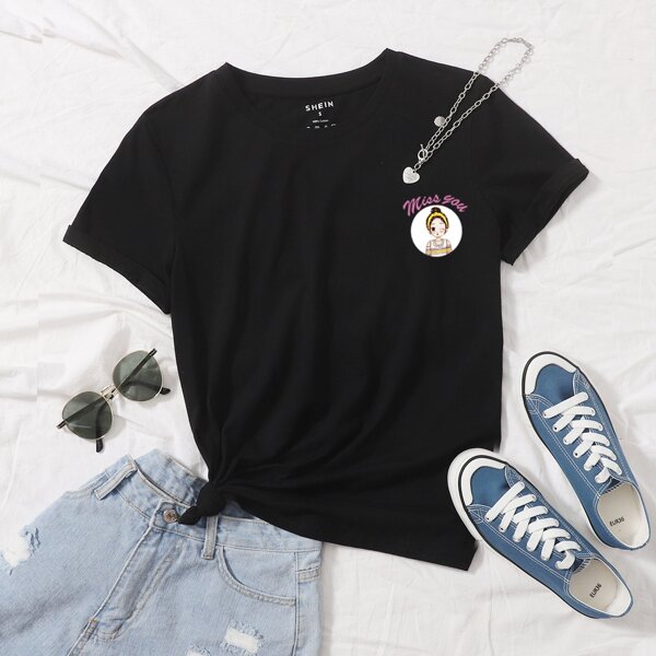 

Slogan & Figure Graphic Tee, Black