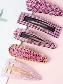 Royal 5pcs Women's Multicolor Rhinestone Hair Clips, Ideal For Daily And Party Use - Hot Pink - View 3