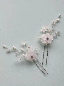 2pcs Flower Decor Hair Pin Elegant Bridal Head Piece Valentine's Day Accessories