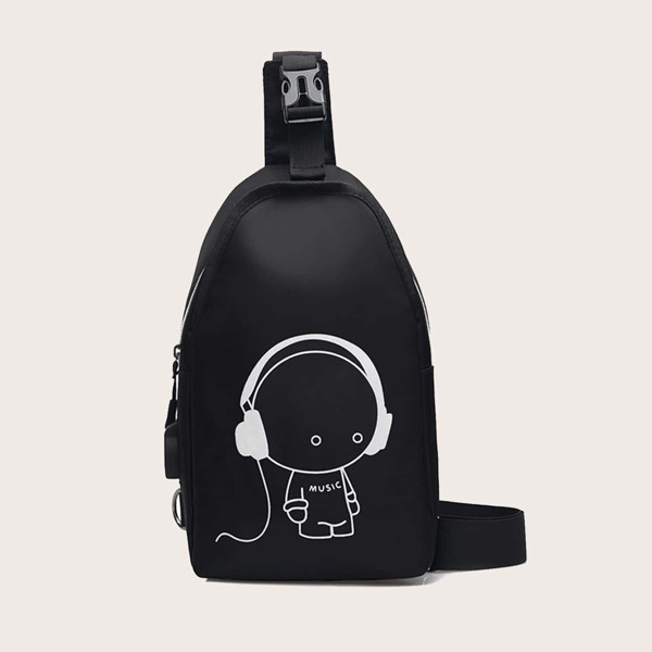 

Men Cartoon Graphic Sling Bag, Black