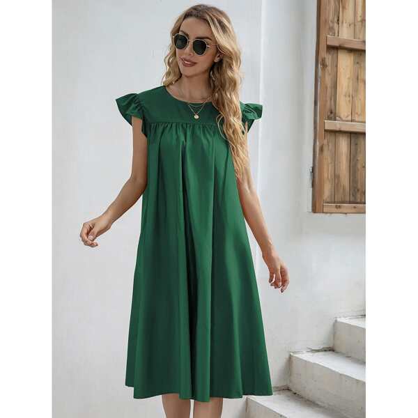 

Butterfly Sleeve Solid Smock Dress, Dark green