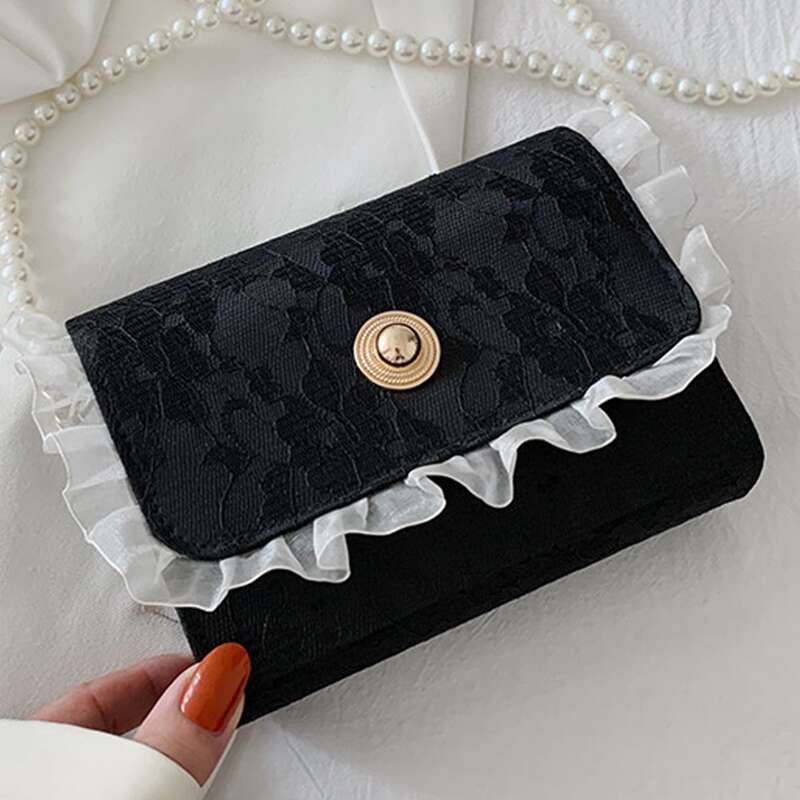 

Lace Overlay Pearl Strap Crossbody Bag, Black