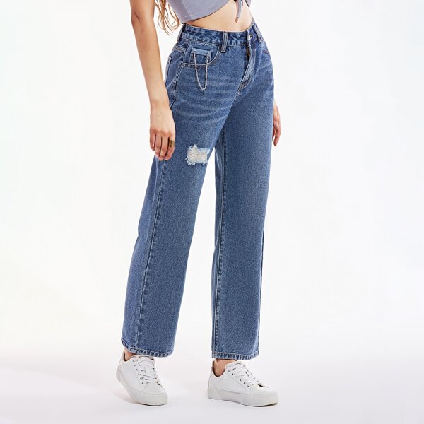 

Ripped Straight Leg Washed Jeans, Dark wash