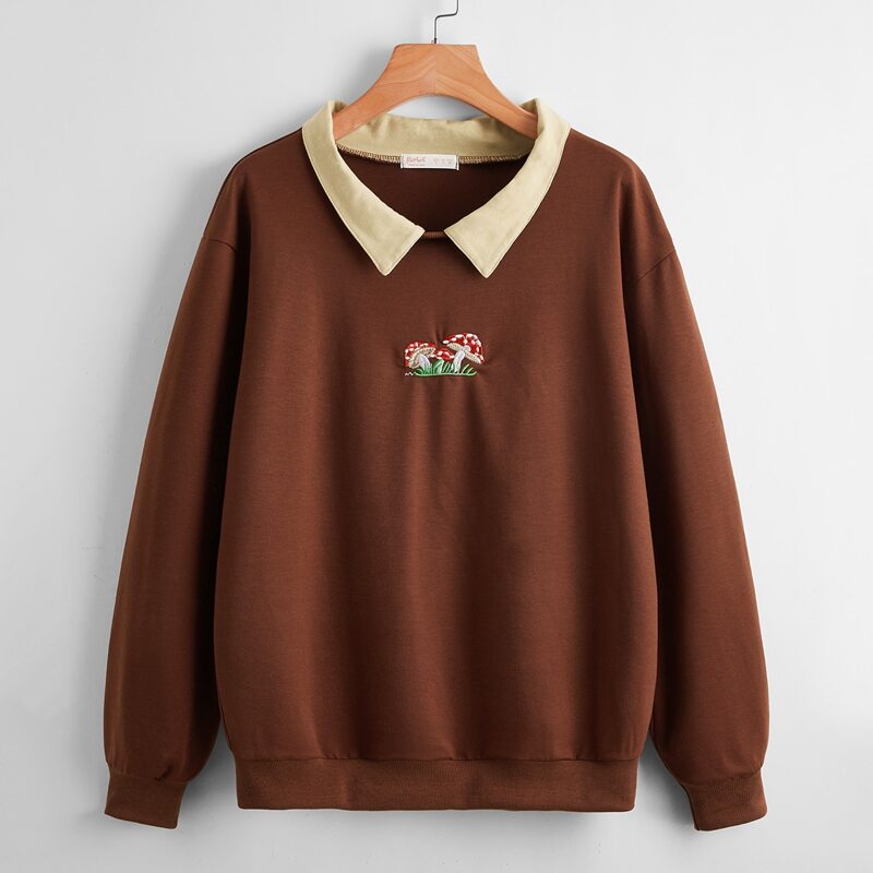 

Mushroom Embroidery Contrast Collar Sweatshirt, Coffee brown