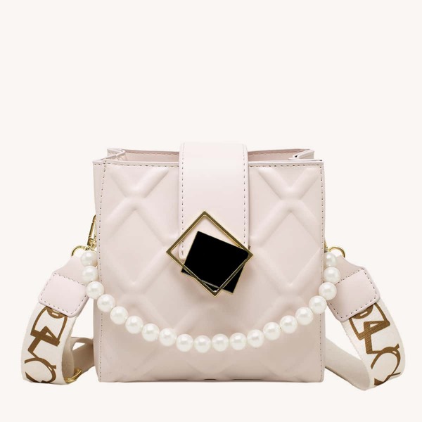 

Faux Pearl Decor Embossed Crossbody Bag, Beige