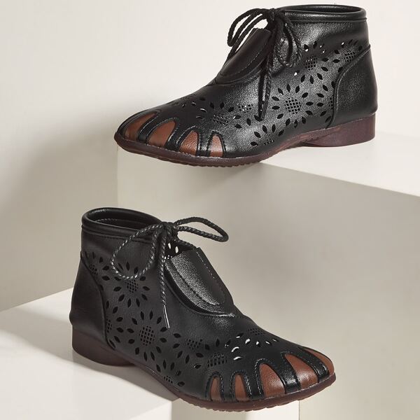 

Hollow Out Lace Up Front Boots, Black