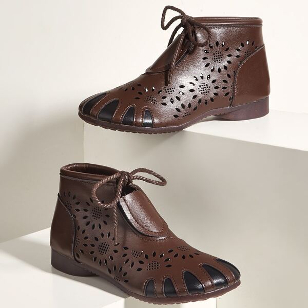 

Hollow Out Lace Up Front Boots, Brown
