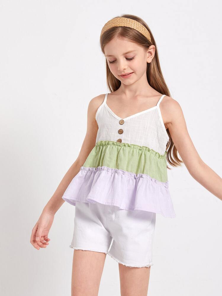 SHEIN 女孩拼色多層荷葉邊吊帶上衣 - 彩色 - 查看 3