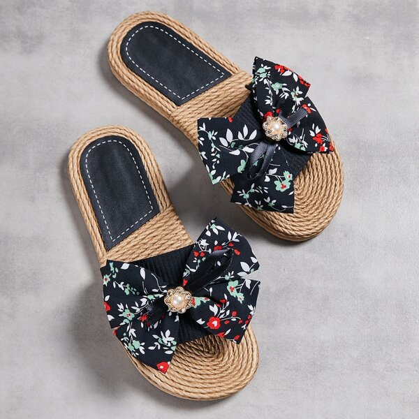 

Floral Graphic Bow Decor Espadrille Sole Slides, Black