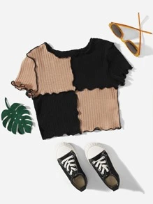 SHEIN Camiseta bicolor ribete en forma de lechuga - Negro - Ver 1