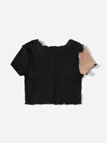 SHEIN Camiseta bicolor ribete en forma de lechuga - Negro - Ver 2
