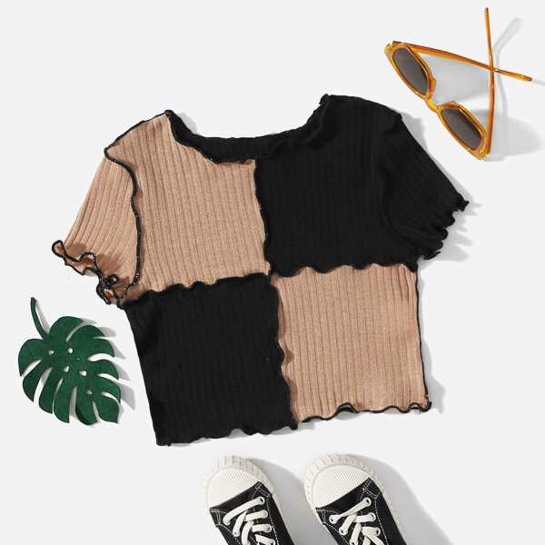 

Girls Lettuce Trim Two Tone Tee, Black