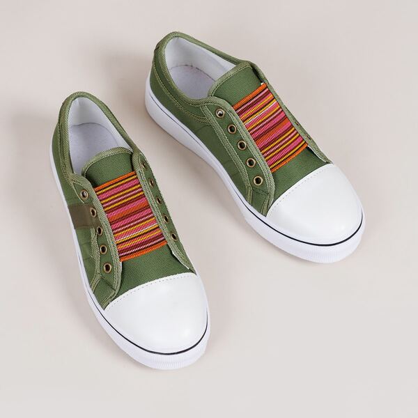 

Striped Pattern Slip-On Canvas Shoes, Army green