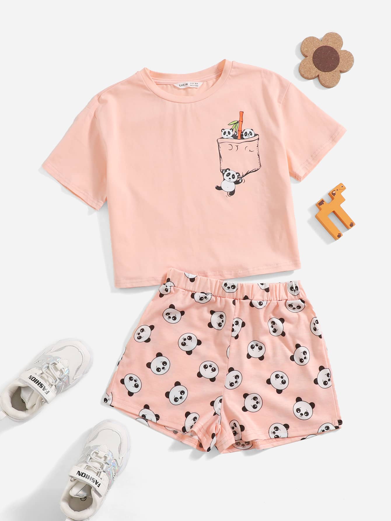 SHEIN Girls Cartoon Graphic Tee & Track Shorts Set - Pink - View 1
