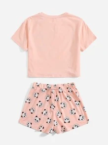 SHEIN Girls Cartoon Graphic Tee & Track Shorts Set - Pink - View 2