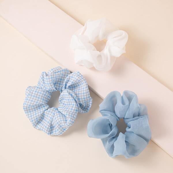 

3pcs Plaid Print Scrunchie, Blue and white
