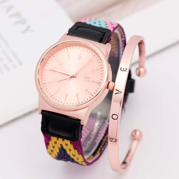 

1pc Canvas Strap Quartz Watch & 1pc Bracelet
