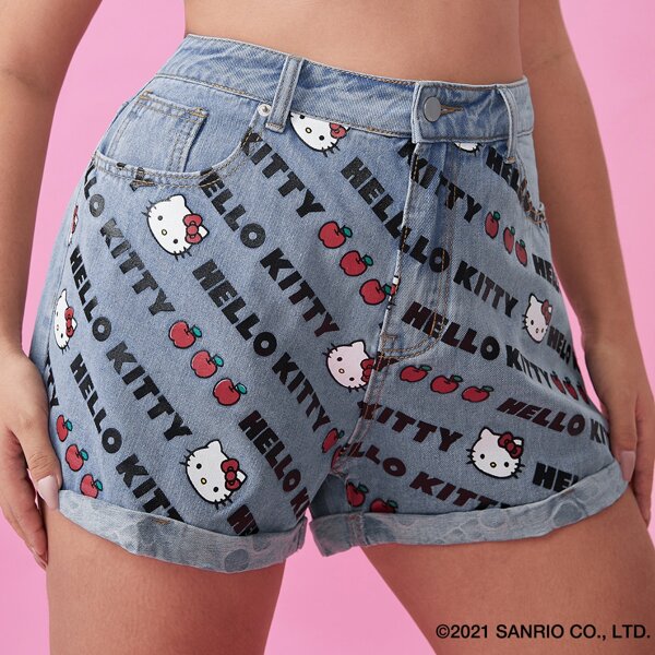 

Plus Letter & Cartoon Graphic Roll Hem Denim Shorts, Light wash