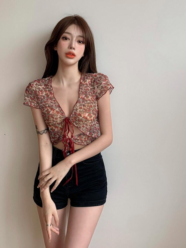 Áo nữ Xù nhỏ Thắt nơ trước Hoa Boho - Đỏ - Xem 2