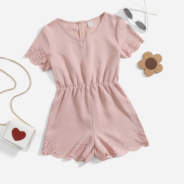 

Girls Solid Scallop Trim Romper, Baby pink