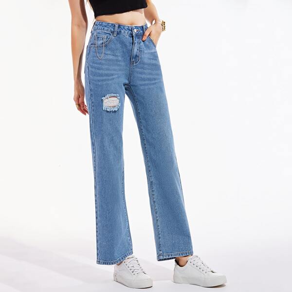 

Ripped Straight Leg Washed Jeans, Medium wash