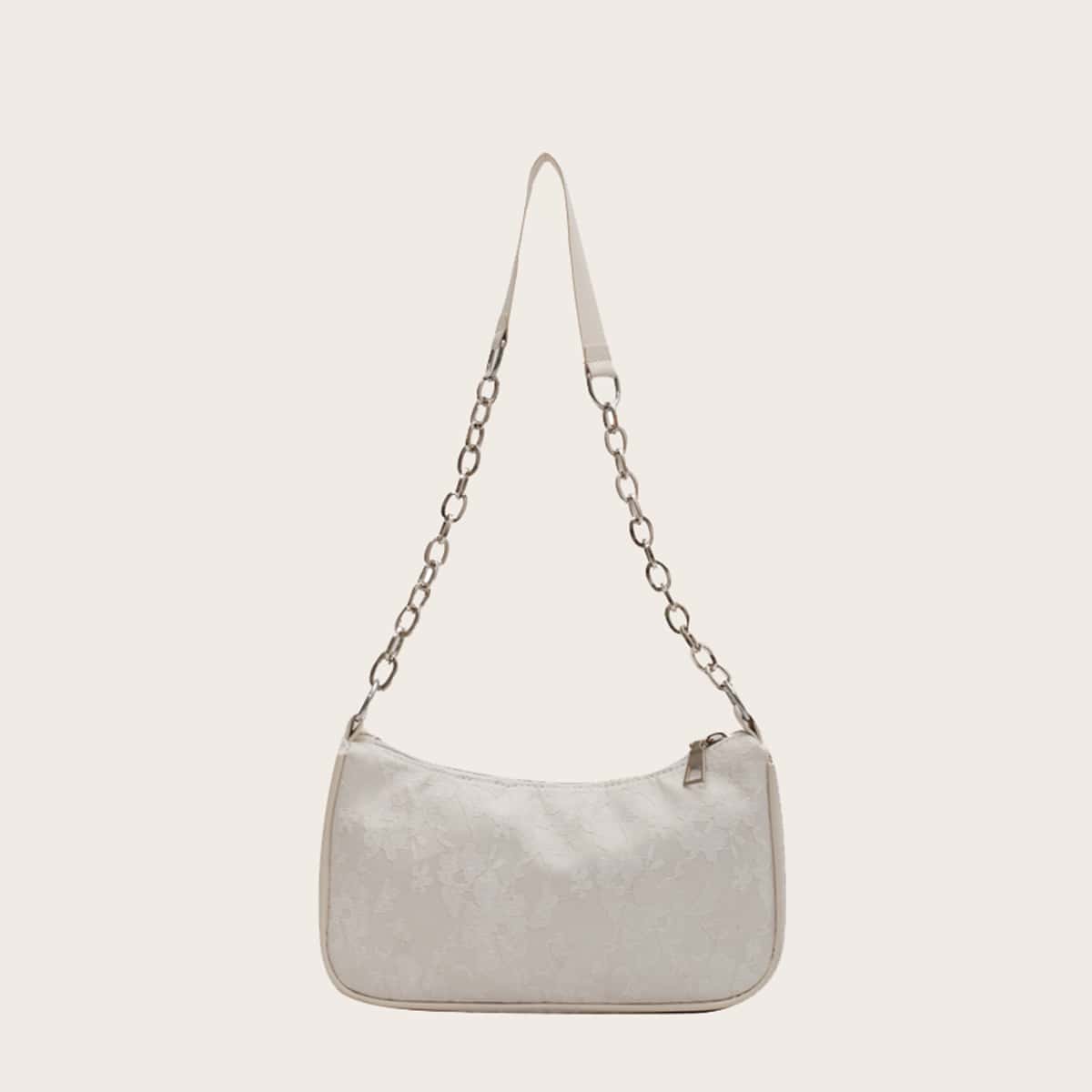 

Lace Panel Shoulder Bag, White