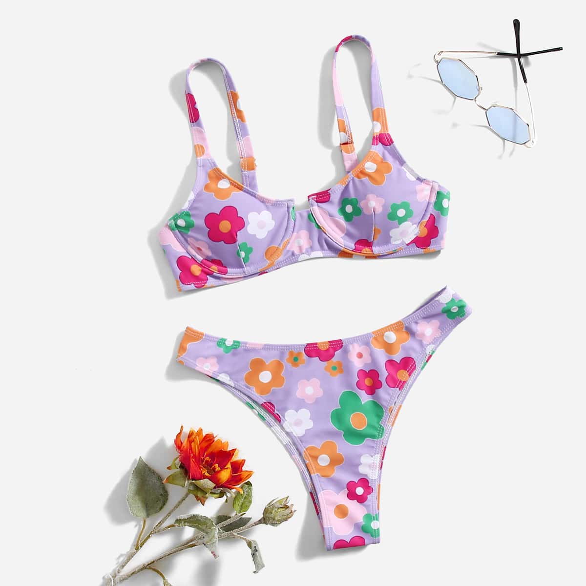 

Floral Print Underwire Bikini Swimsuit, Purple
