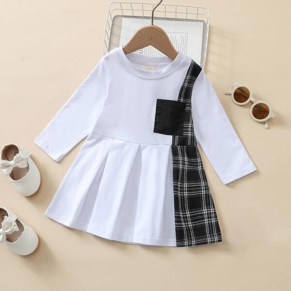 

Baby Girl Plaid Spliced Pleated Hem Dress, White