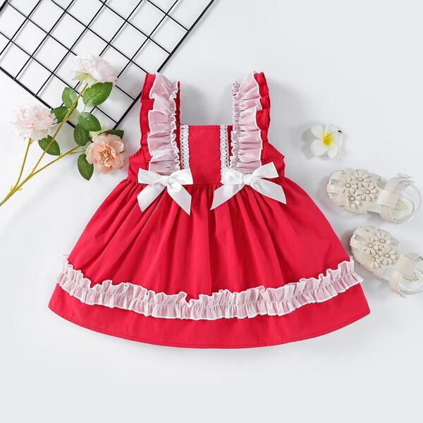 

Baby Girl Bow Front Ruffle Trim Dress, Red