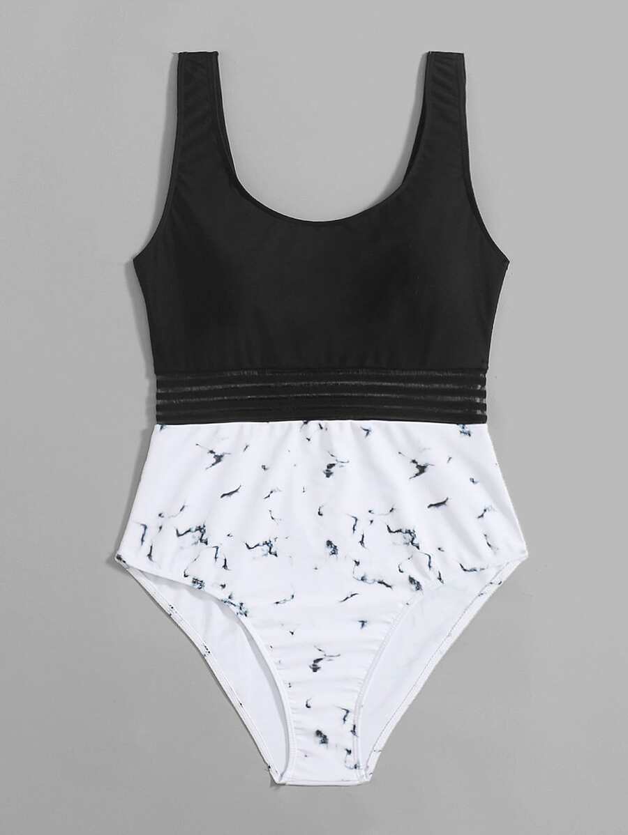 Bañador una pieza de malla en contraste con estampado de mármol - Blanco y Negro - Ver 1